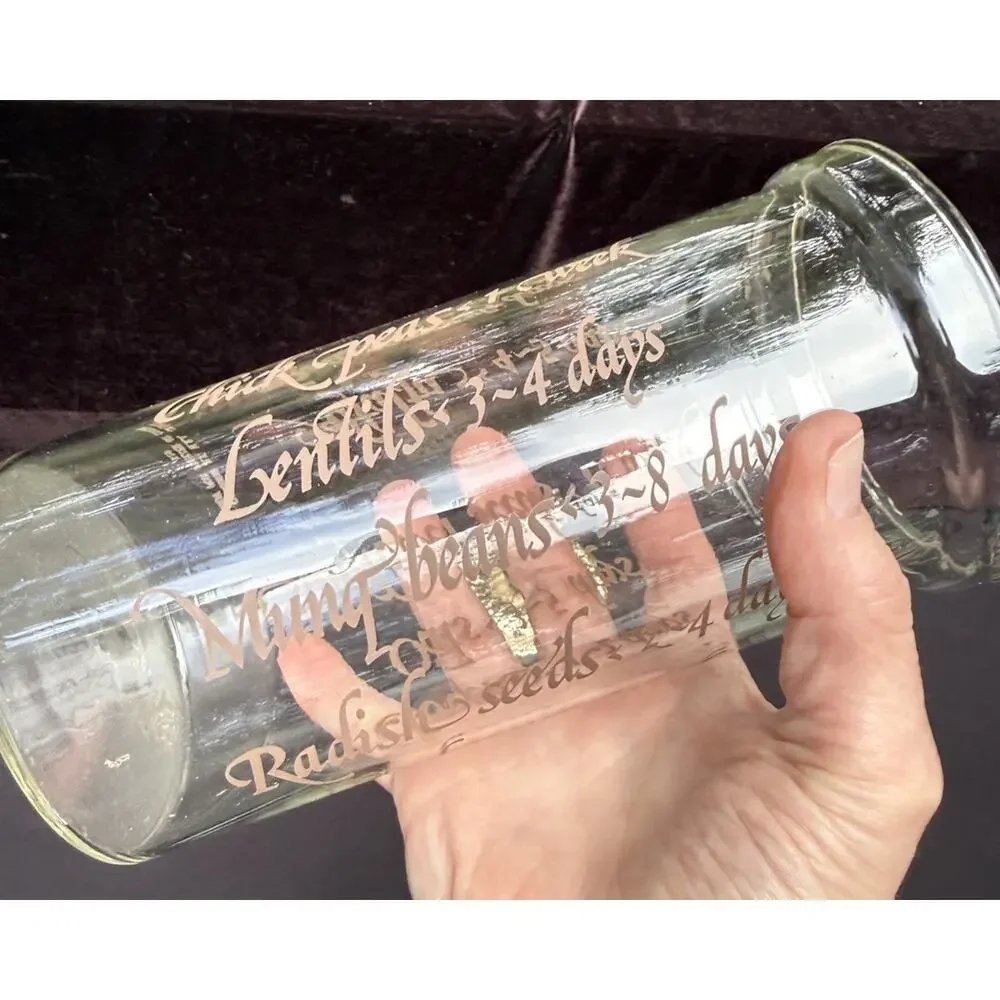VTG Corning Seed Sprouts Cylinder 520 Glass Clear w/Brown text 1 Liter & Lid
